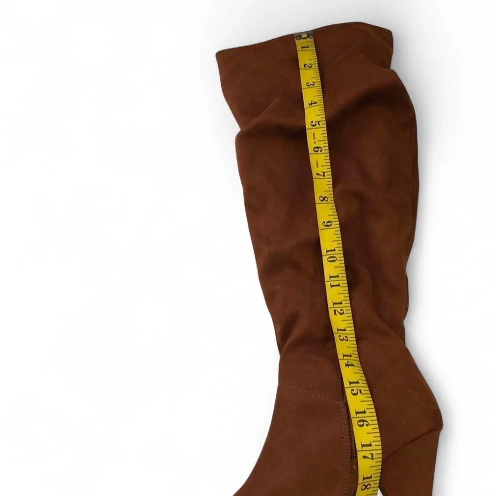 LIKE NEW Express brown faux suede knee high boho slouchy ruched cone heels boots